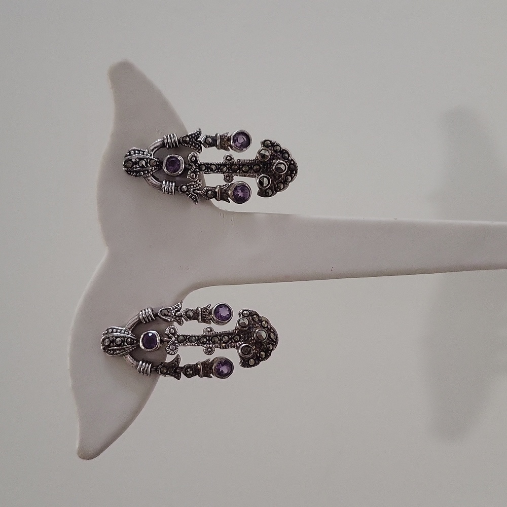 Sterling Silver Amethyst Marcasite Earrings